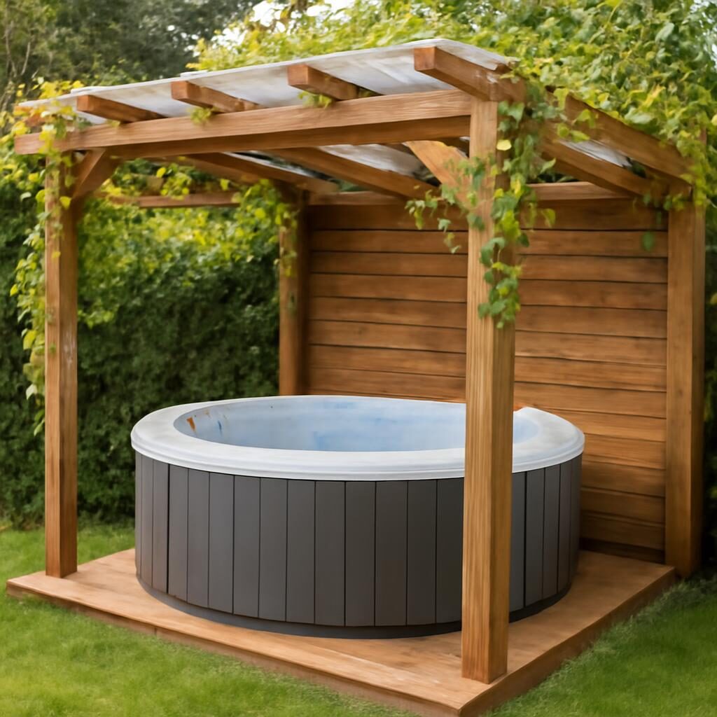 Abri spa fait maison en bois naturel et panneaux polycarbonate dans un jardin
