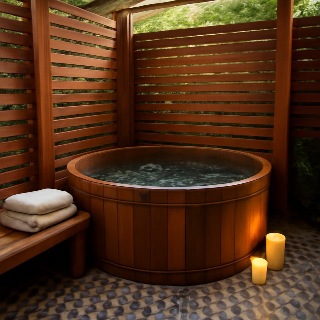 Jacuzzi extérieur sous abri DIY en bois avec caillebotis au sol, bougies et serviettes moelleuses