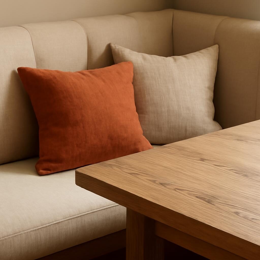 Banquette d'angle salle à manger avec coussins terracotta et lin naturel, table en bois et chaises dépareillées