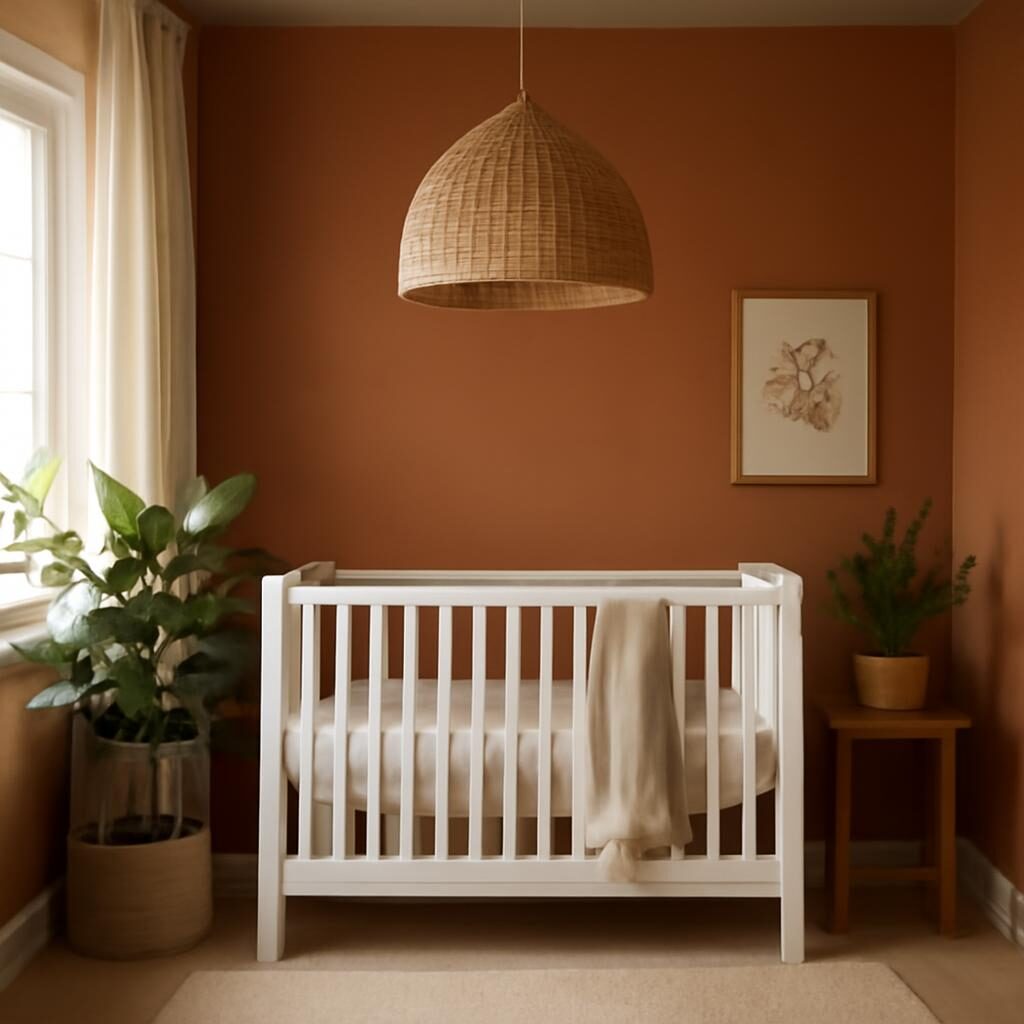Chambre bébé terracotta avec lit blanc, lampe rotin et plantes vertes