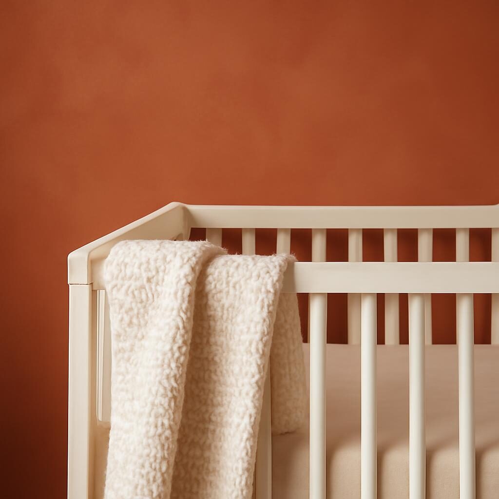 Mur terracotta peint dans une chambre bébé avec un lit à barreaux blancs et une guirlande lumineuse