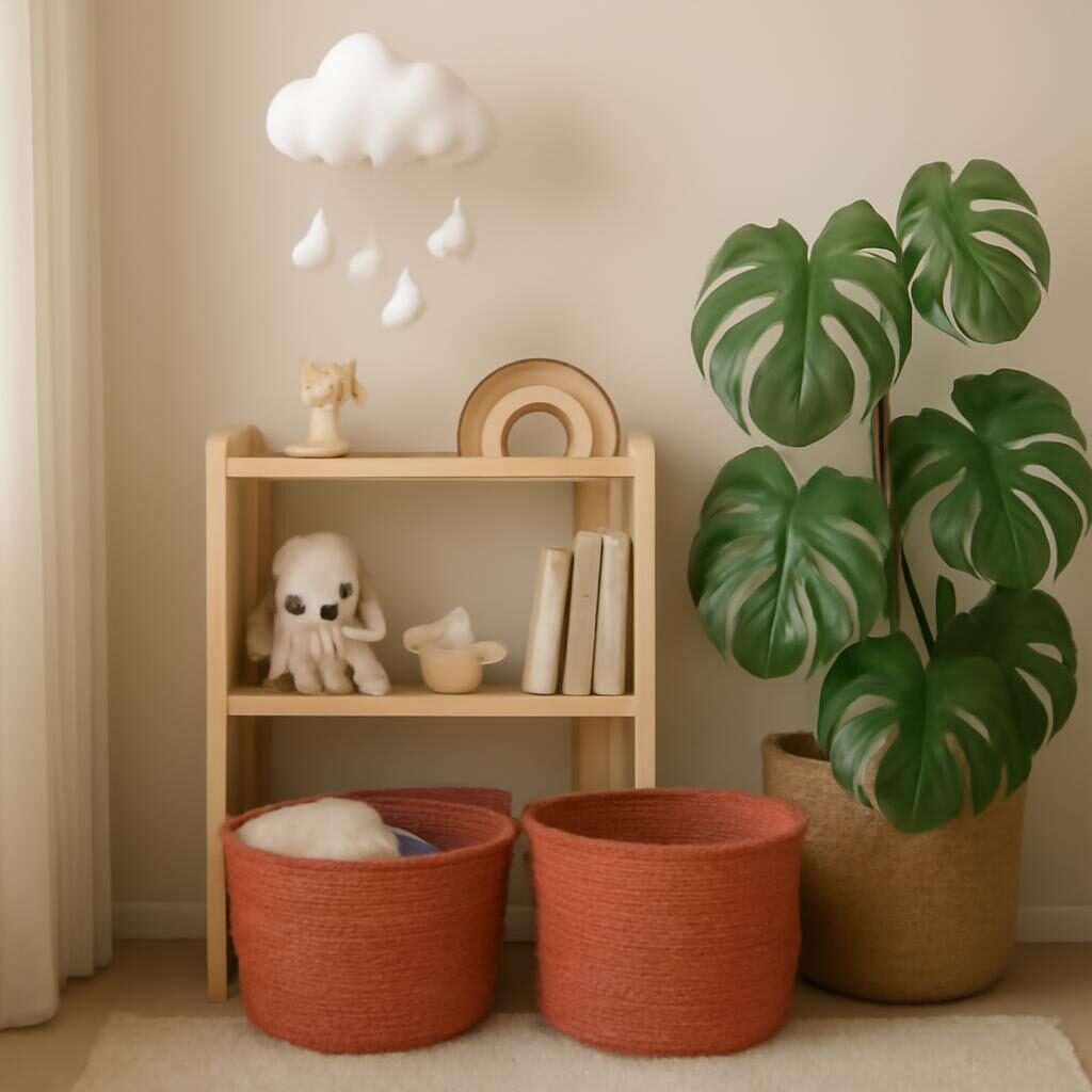 Coin chambre bébé terracotta avec panières de rangement, étagères en bois et mobile nuage