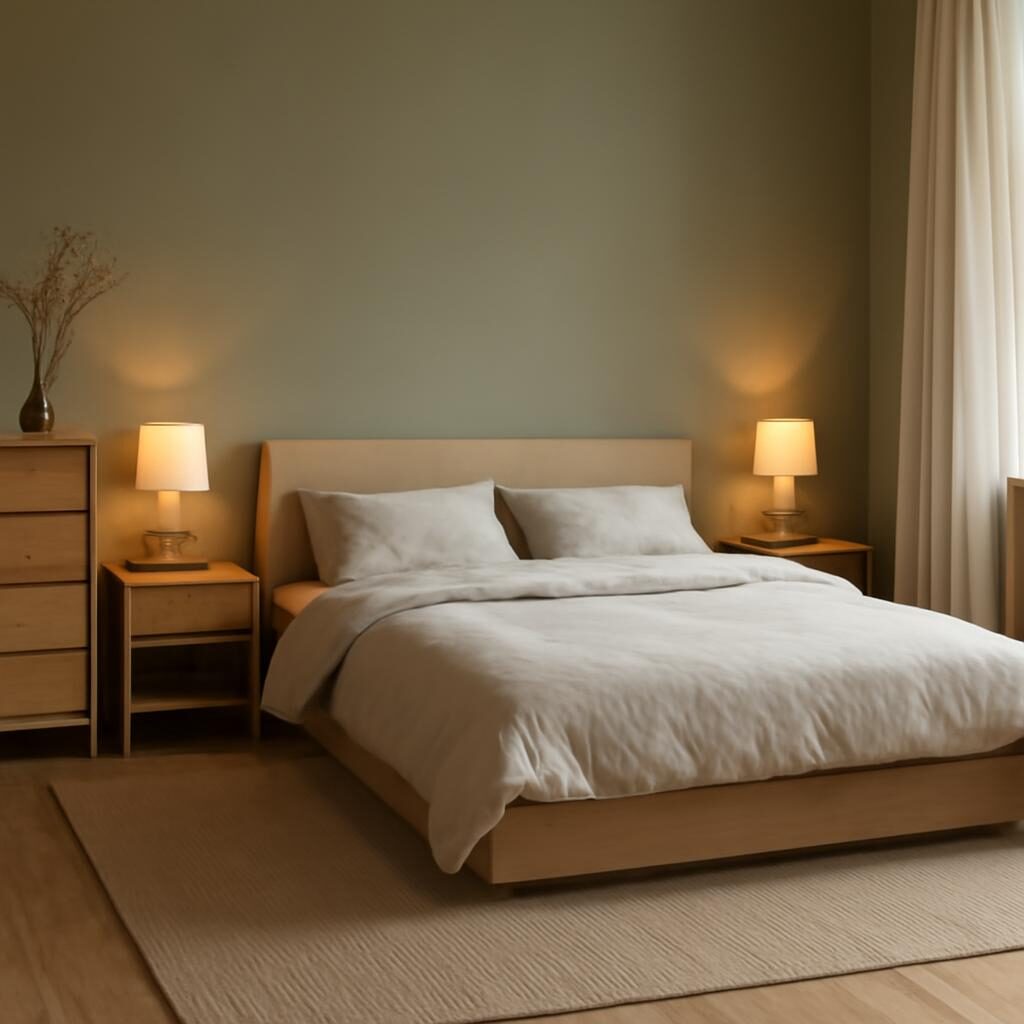Chambre parentale moderne avec lit plateforme bas, mur de tête en vert sauge et linge de lit en lin naturel