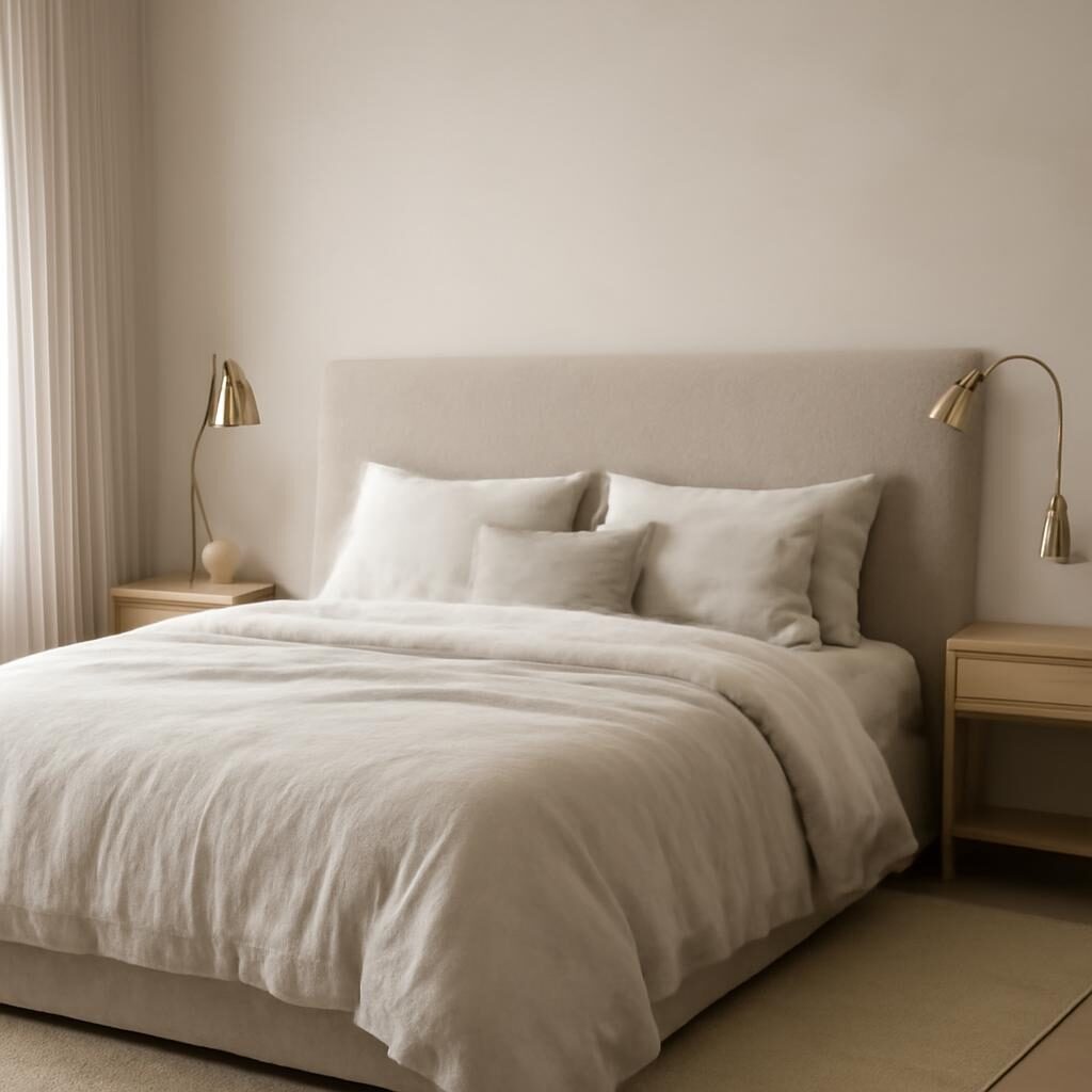 Chambre parentale moderne élégante avec tête de lit rembourrée en lin texturé et appliques lecture en laiton brossé