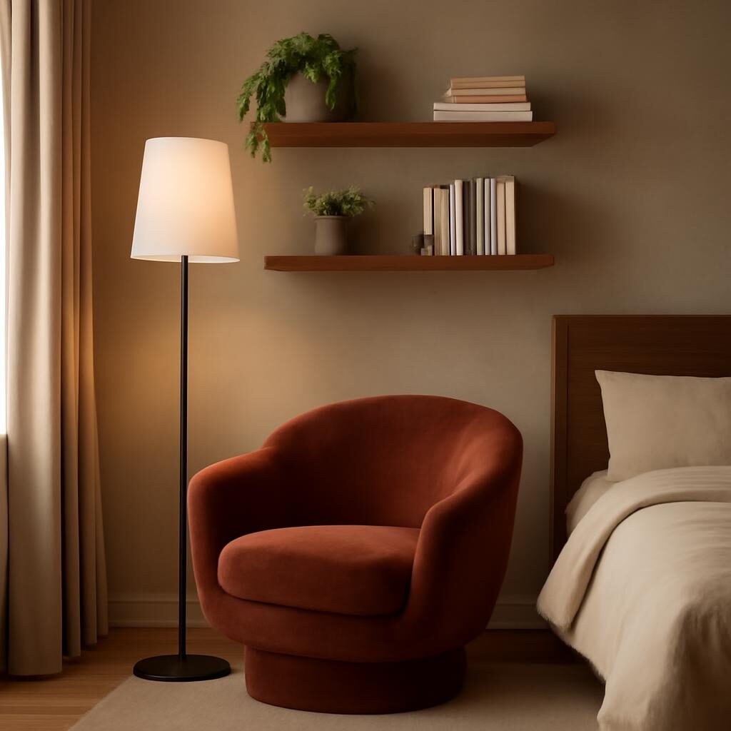 Coin fauteuil velours courbé dans une chambre parentale moderne avec étagères flottantes et plantes tropicales