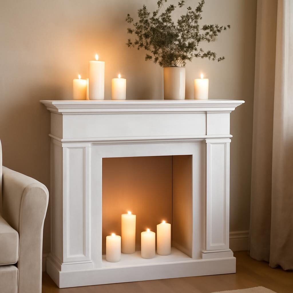 Cheminée décorative en carton peinte en blanc avec bougies et branches de sapin dans un salon