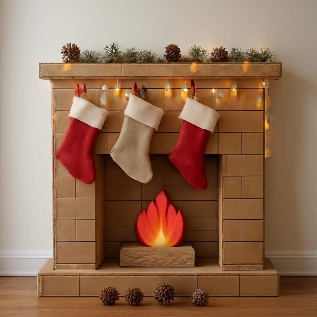 Fausse cheminée de Noël en carton DIY avec bas de Noël rouges, guirlande lumineuse et décorations festives