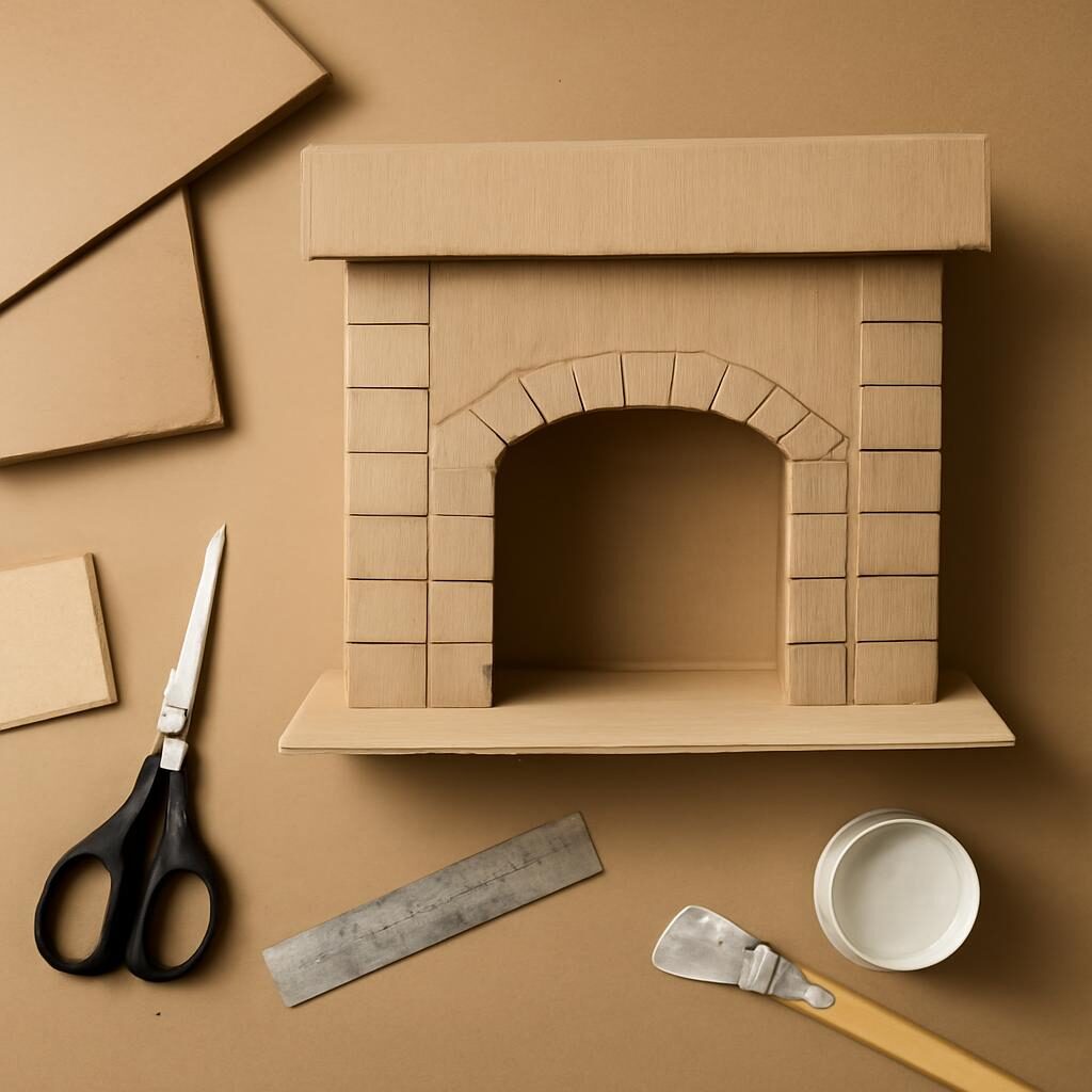 Étapes de construction d'une cheminée en carton : découpe au cutter sur règle métallique, assemblage et peinture blanche