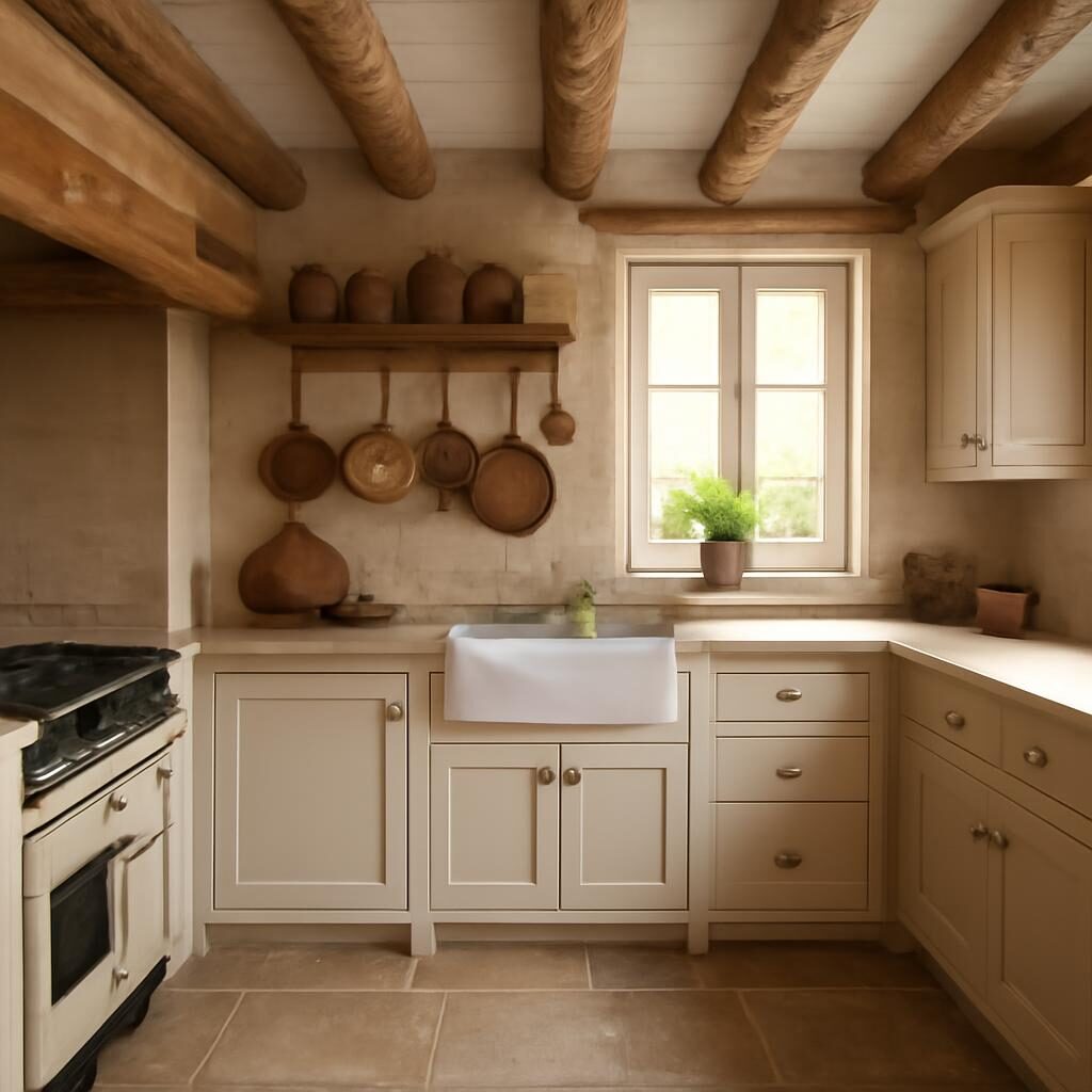 Cuisine style campagne anglaise avec meubles shaker crème, poutres apparentes et sol en pierre