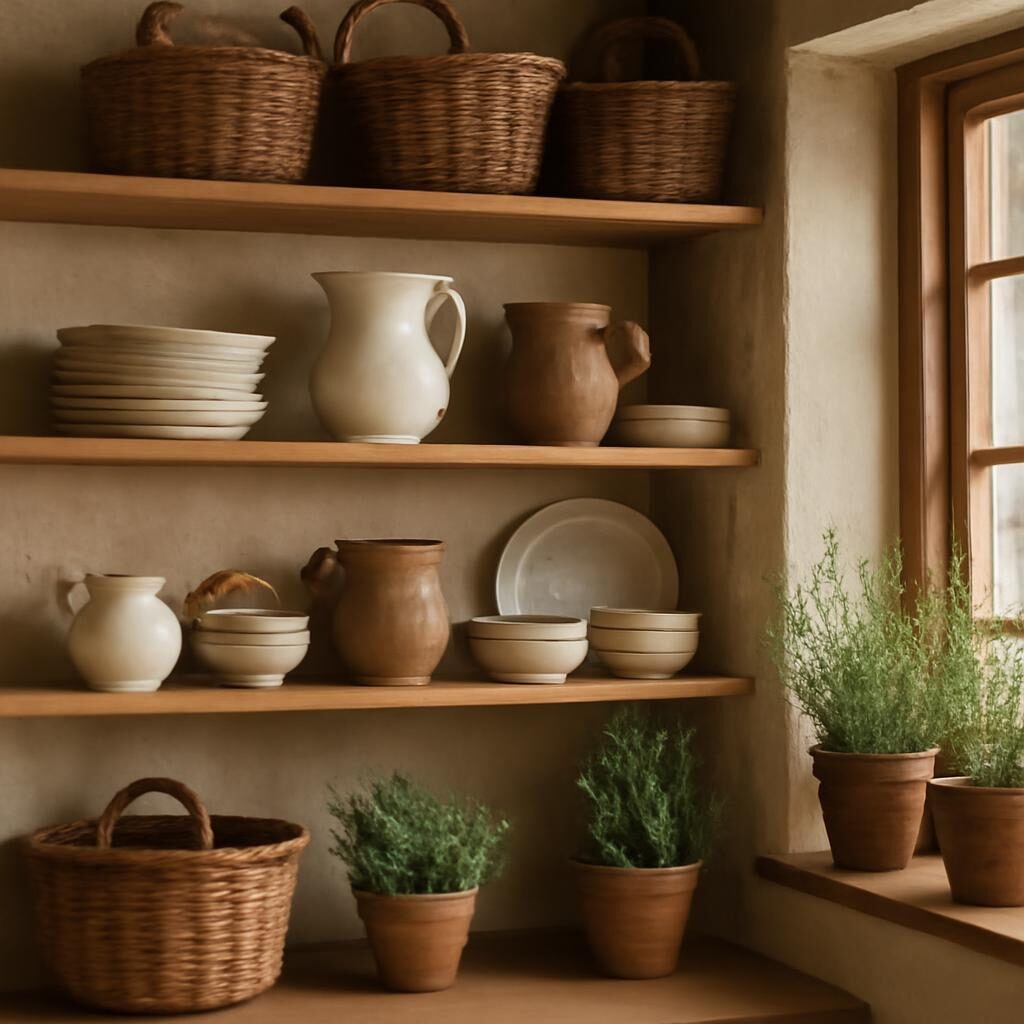 Détails cuisine campagne : étagères ouvertes en bois avec vaisselle vintage, herbes aromatiques en pot terracotta