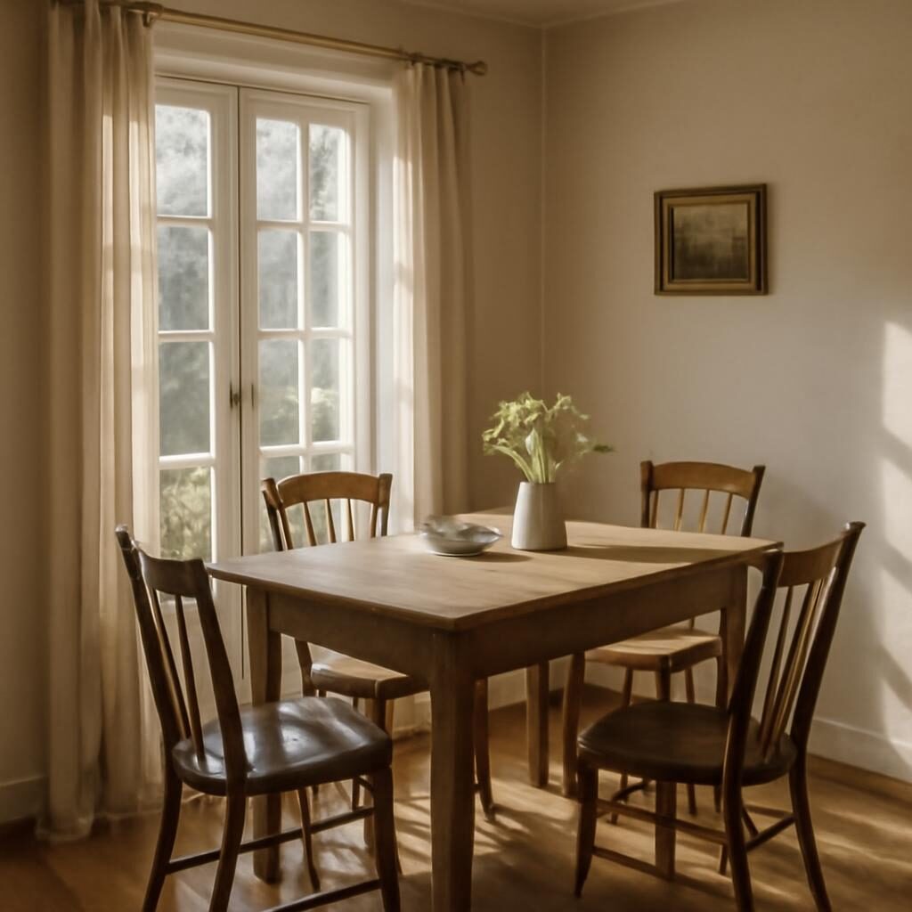 Coin repas cuisine campagne avec table en bois brut, chaises dépareillées vintage et fenêtre à petits carreaux