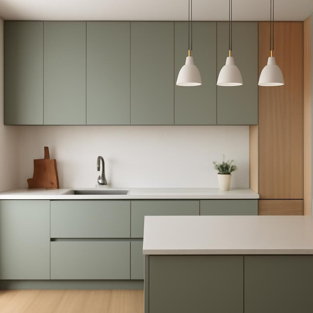 Cuisine contemporaine française avec façades vert sauge mat, plan de travail en quartz et suspensions dorées