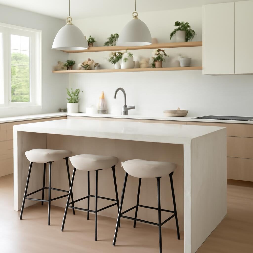 Îlot de cuisine contemporain avec plan de travail en cascade, tabourets et étagères ouvertes avec plantes
