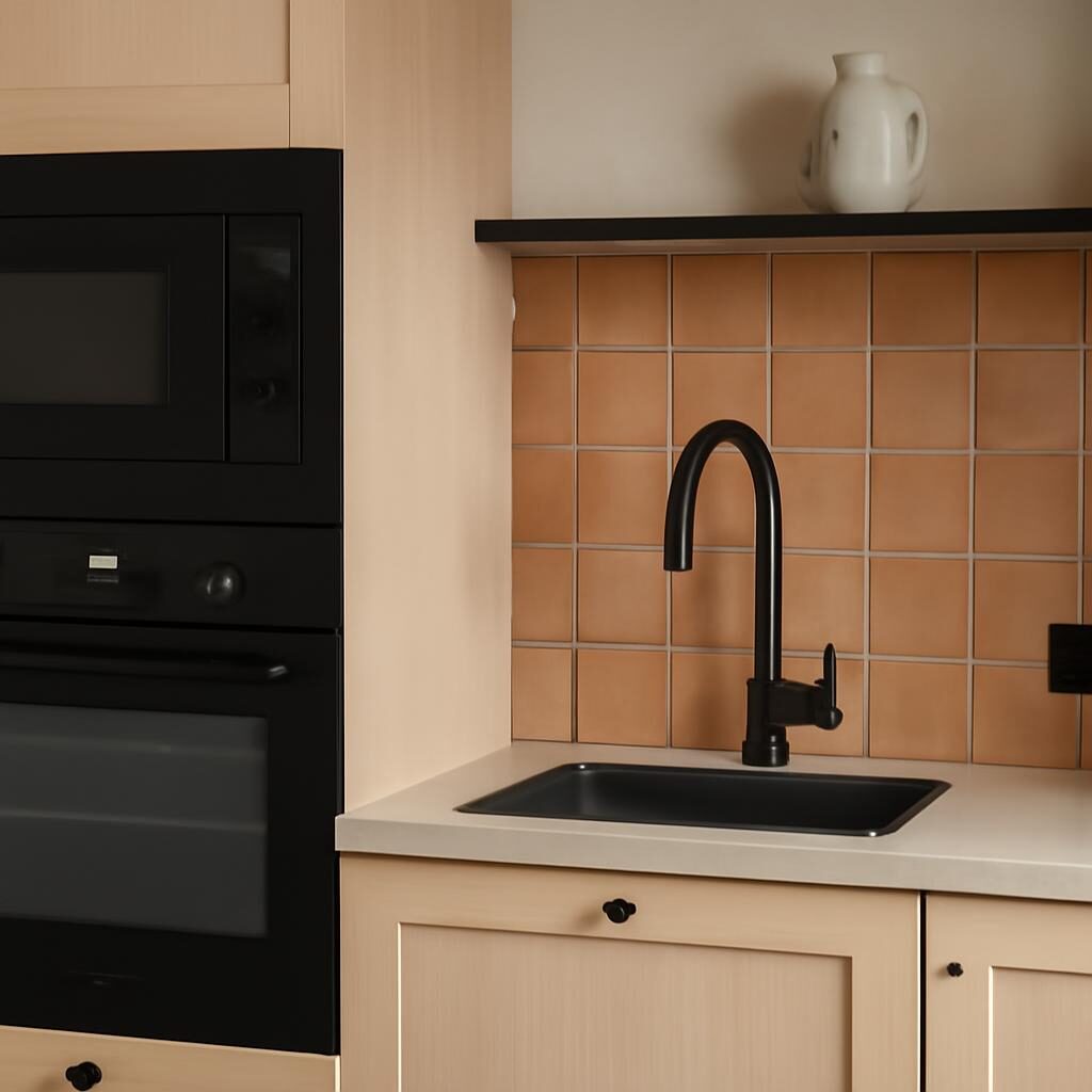 Détails cuisine contemporaine : crédence en carreaux terracotta, robinet noir mat et façades laquées