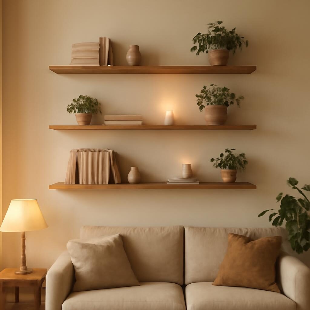 Salon avec étagères flottantes en bois disposées en asymétrie sur mur blanc, livres plantes et bougies