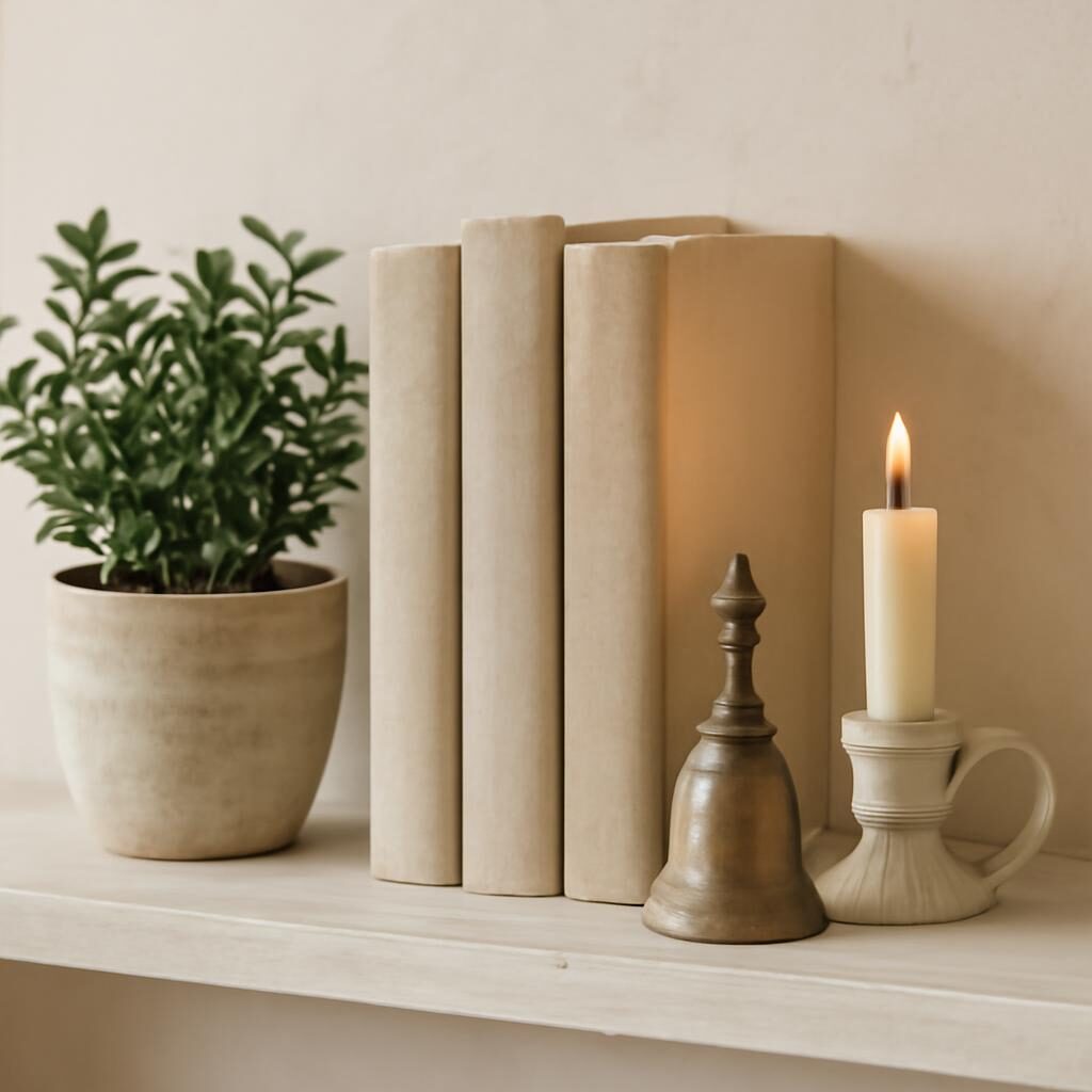 Vignette déco sur étagère murale : livres en lin, petite plante, bougie et objet vintage bien stylés