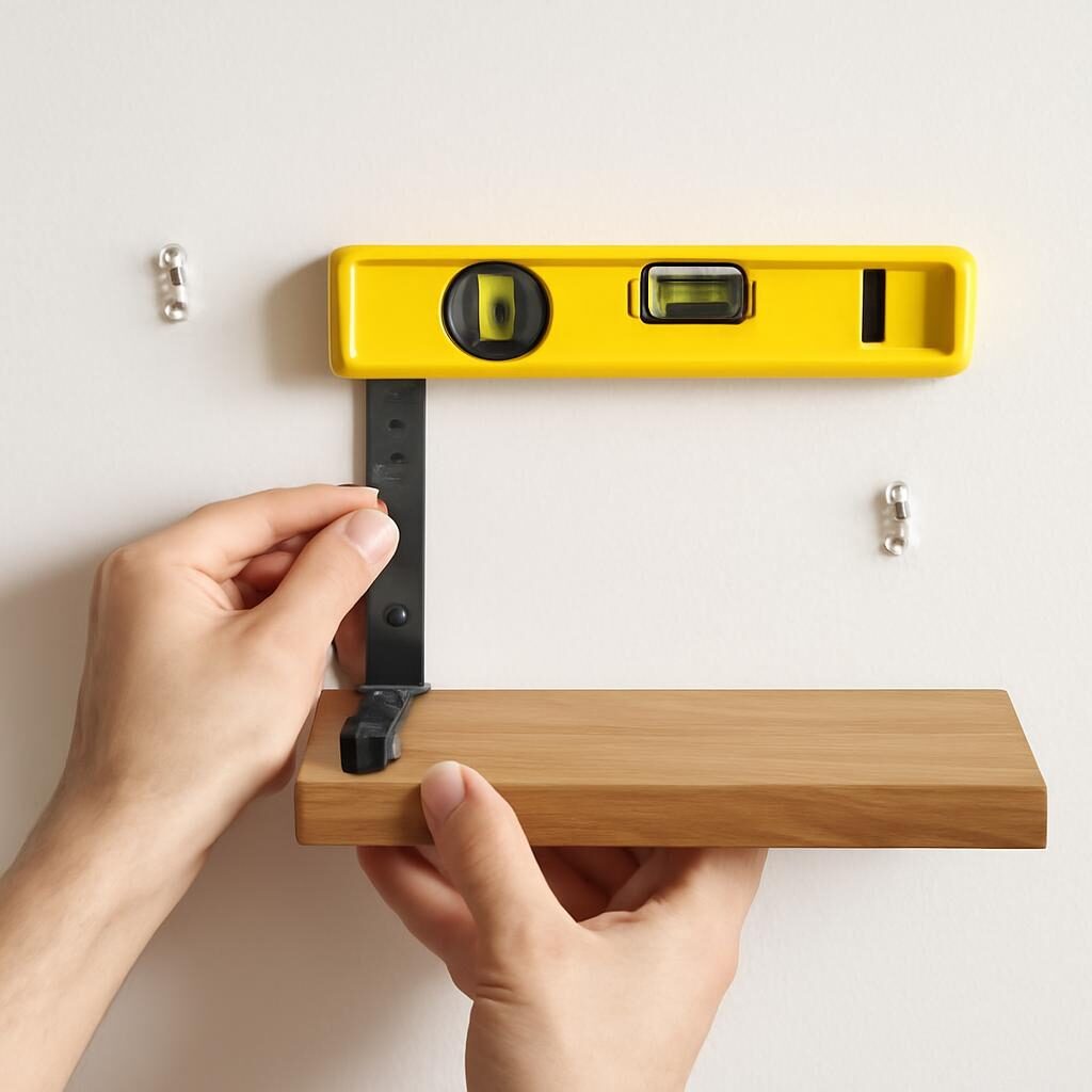 Pose d'une étagère flottante sur mur blanc, mains positionnant le support avec un niveau