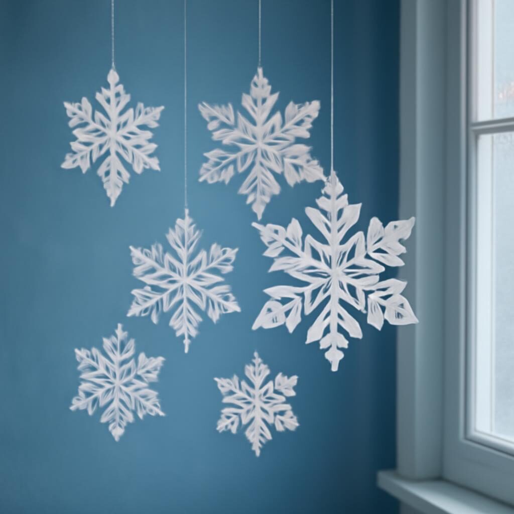 Beaux flocons de neige en papier blanc découpés de différentes tailles suspendus devant une fenêtre