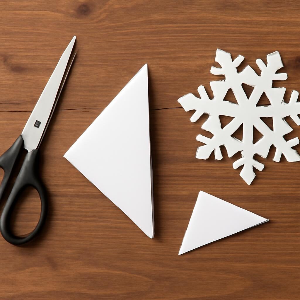 Étapes fabrication flocon en papier : feuille blanche pliée en triangle et ciseaux sur table en bois