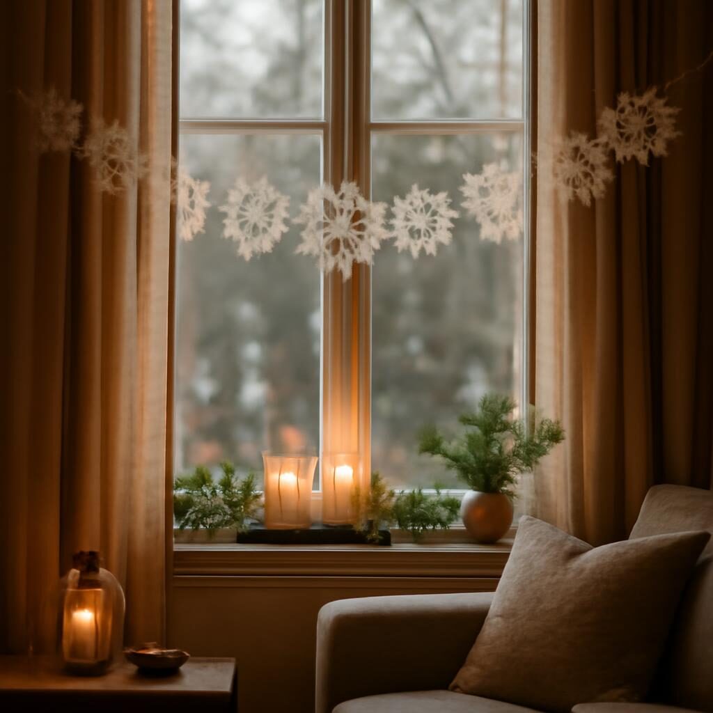 Salon français décoré de flocons en papier suspendus à la fenêtre avec bougies et branches de sapin