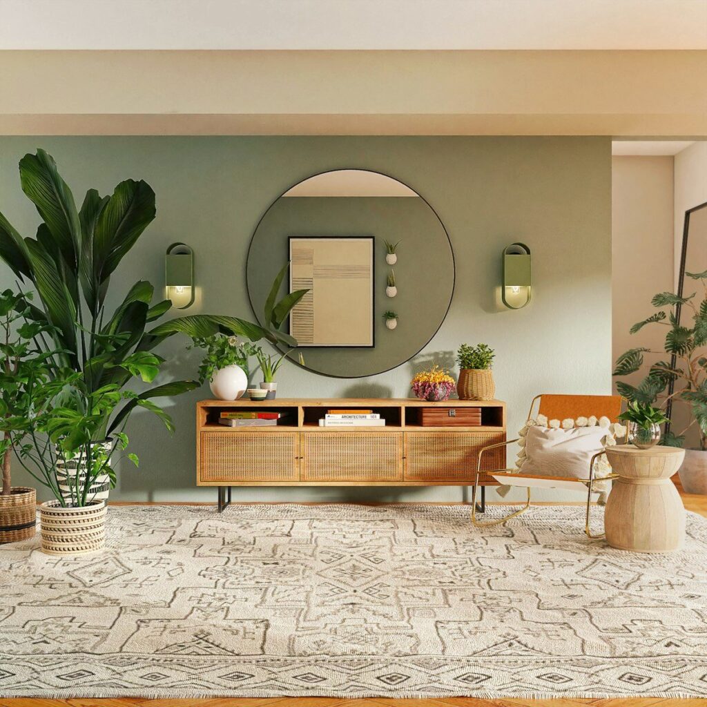 Interieur decoration naturelle avec bois rotin et plantes