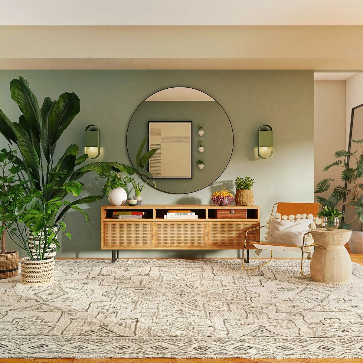Interieur decoration naturelle avec bois rotin et plantes