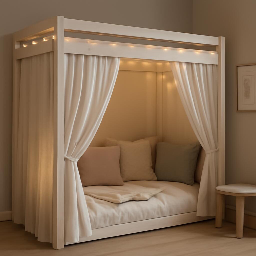Lit Kura IKEA transformé en cabane de lecture avec guirlandes lumineuses et coussins colorés