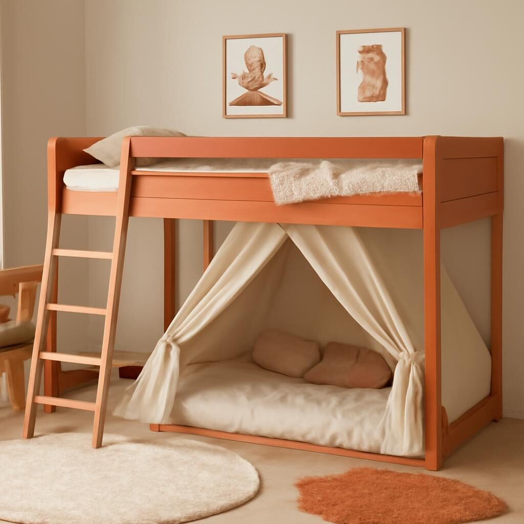 Lit Kura IKEA customisé peint en terracotta avec échelle en bois et tente sous le lit