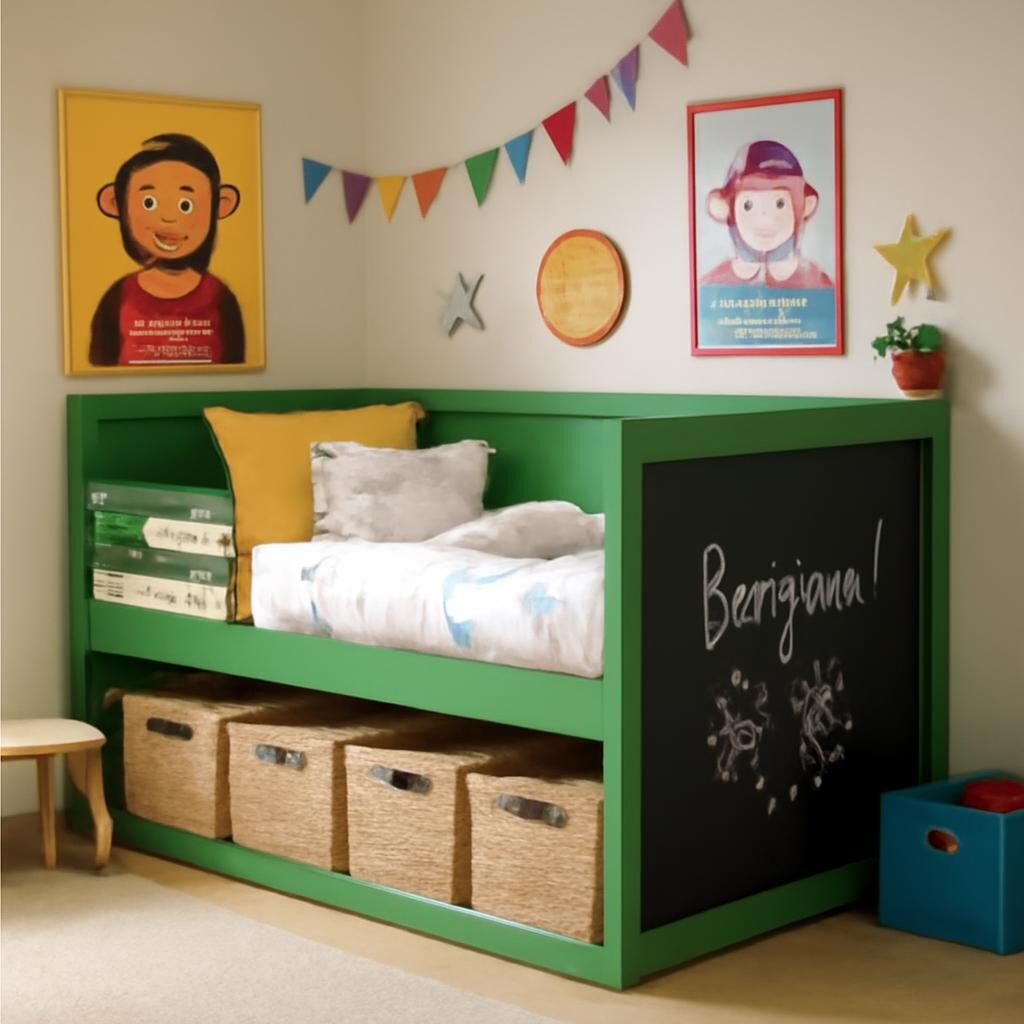 Chambre enfant avec lit Kura IKEA vert personnalisé avec panneau ardoise et rangements sous le lit