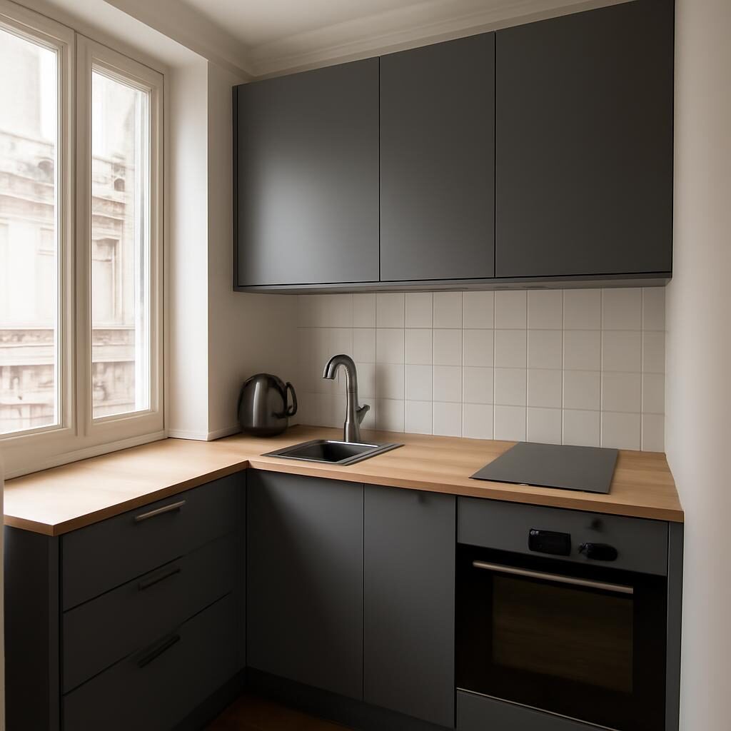 Petite cuisine d'angle moderne avec plan de travail en bois