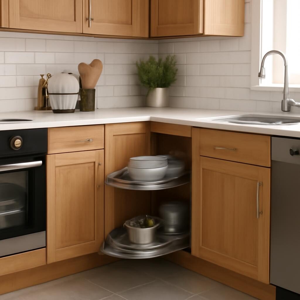 Détail d'une cuisine d'angle avec rangements optimisés
