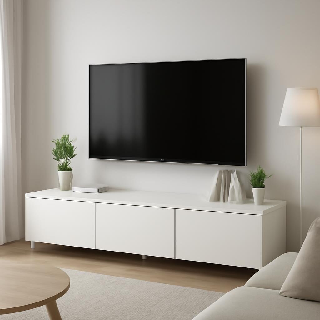 Besta meuble TV IKEA blanc scandinave dans un salon moderne
