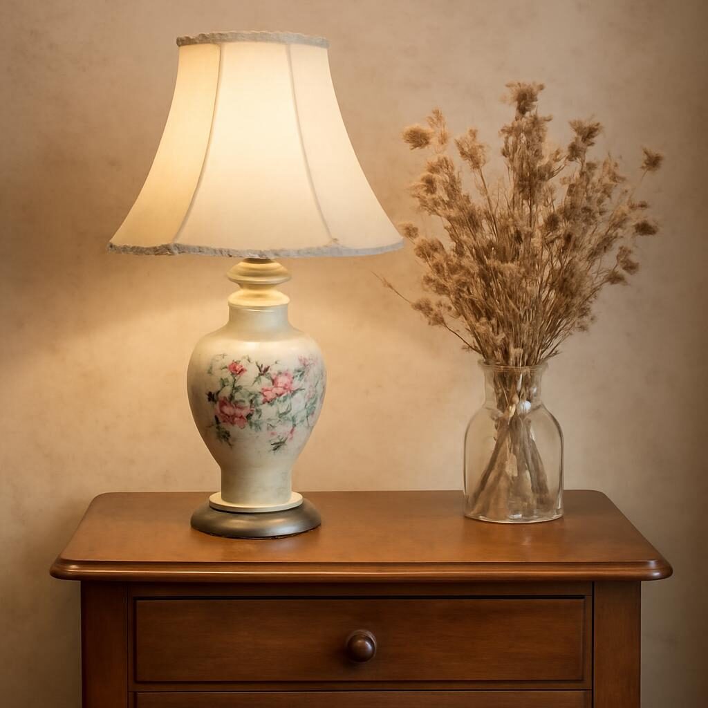 Détail d'une table de chevet vintage avec lampe en porcelaine