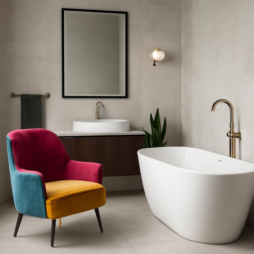Chaise de couleur velours vintage apportant un pop dans une salle de bain
