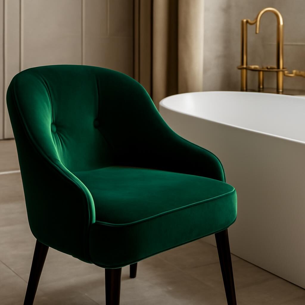 Chaise velours émeraude posée à côté d'une baignoire îlot