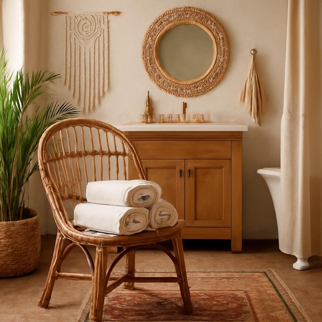 Chaise en rotin bohème avec serviettes roulées en salle de bain