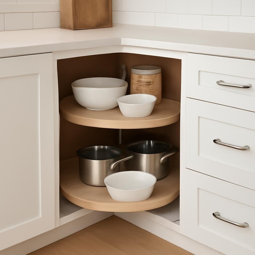 Placard angle cuisine avec carrousel plateau tournant pour optimiser le rangement