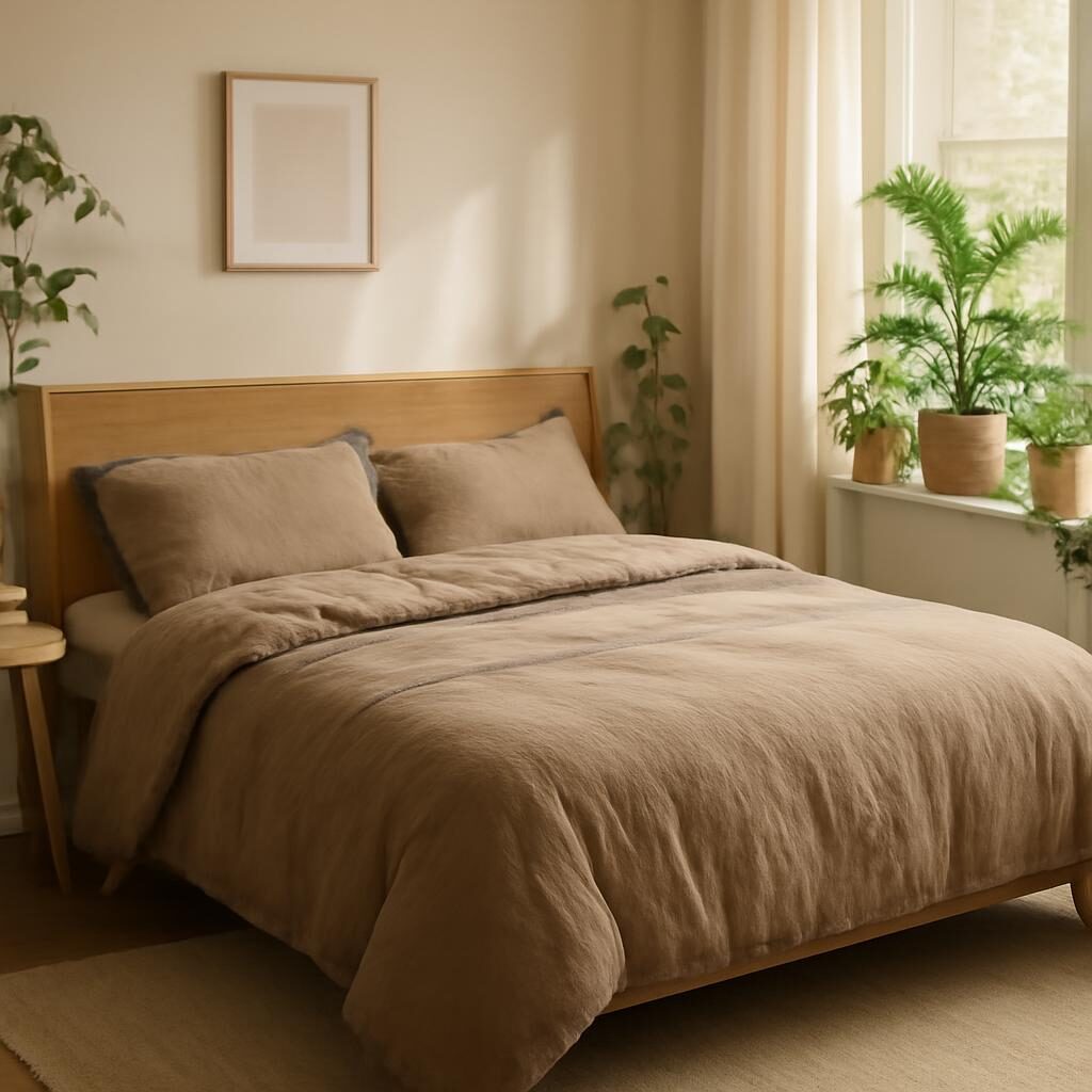 Déco chambre nature avec linge de lit lin et plantes vertes