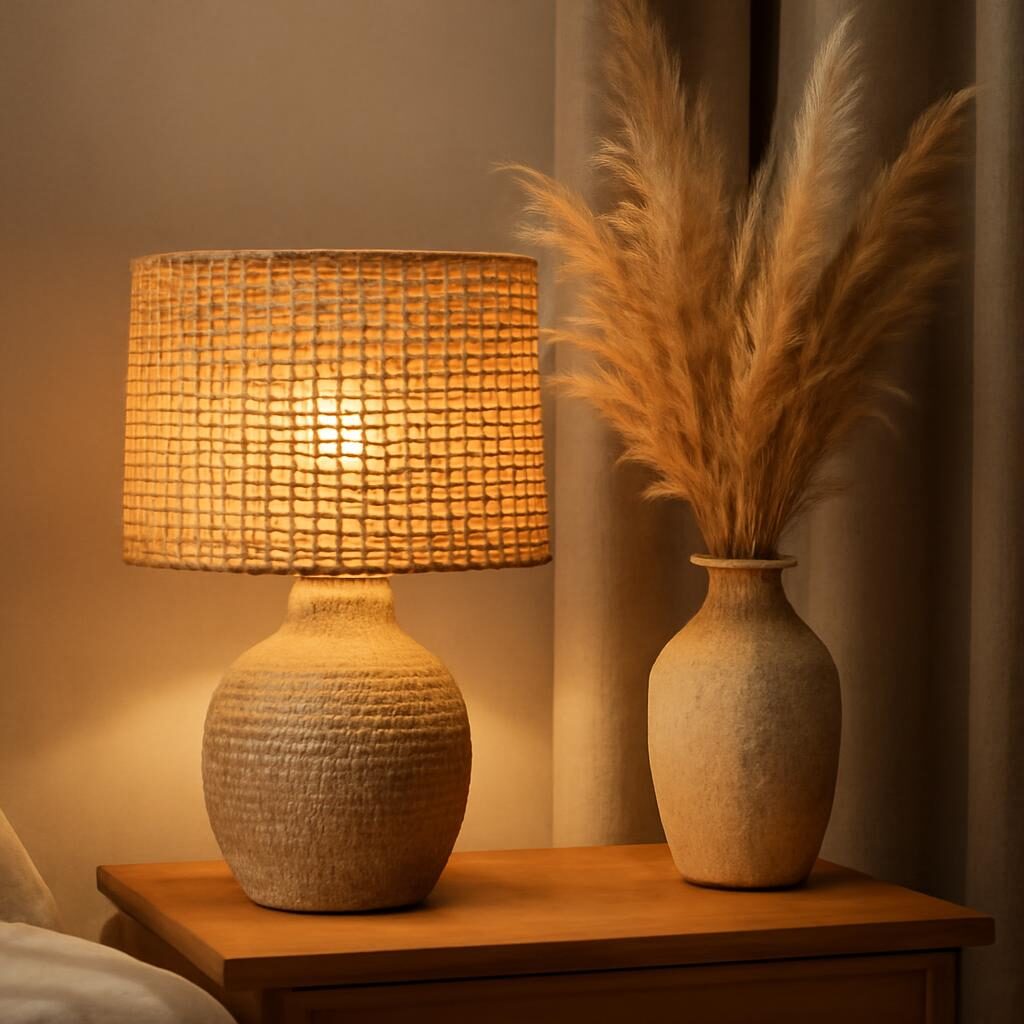 Table de chevet avec lampe en rotin et pampas séchées