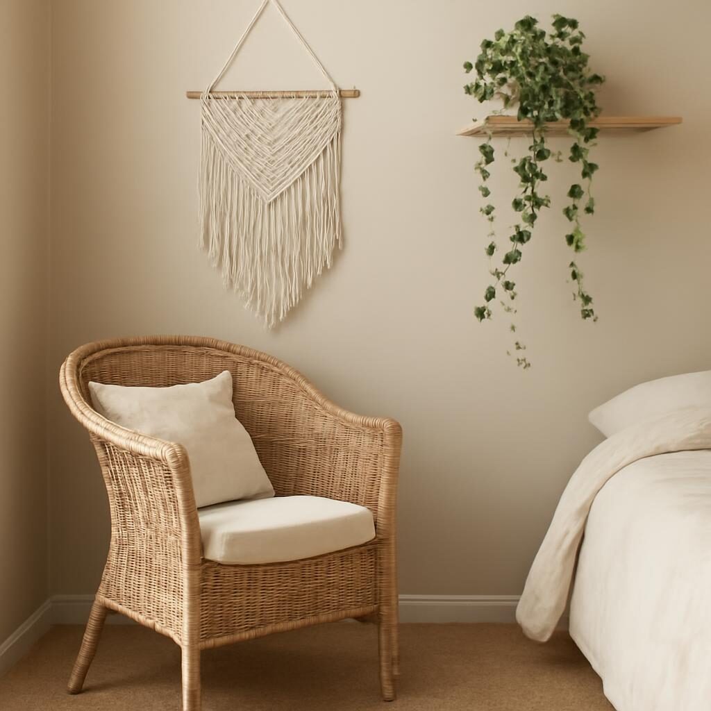 Coin chambre avec fauteuil osier et tapis jute
