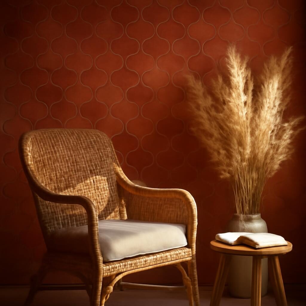 coin lecture avec mur ecaille terracotta et fauteuil tresse
