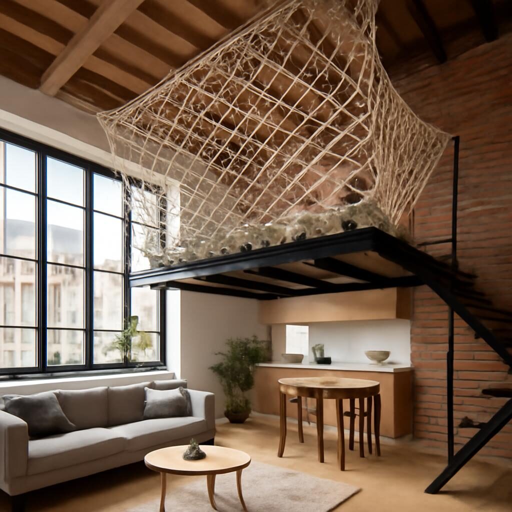 Filet mezzanine décoratif au-dessus d'un salon contemporain