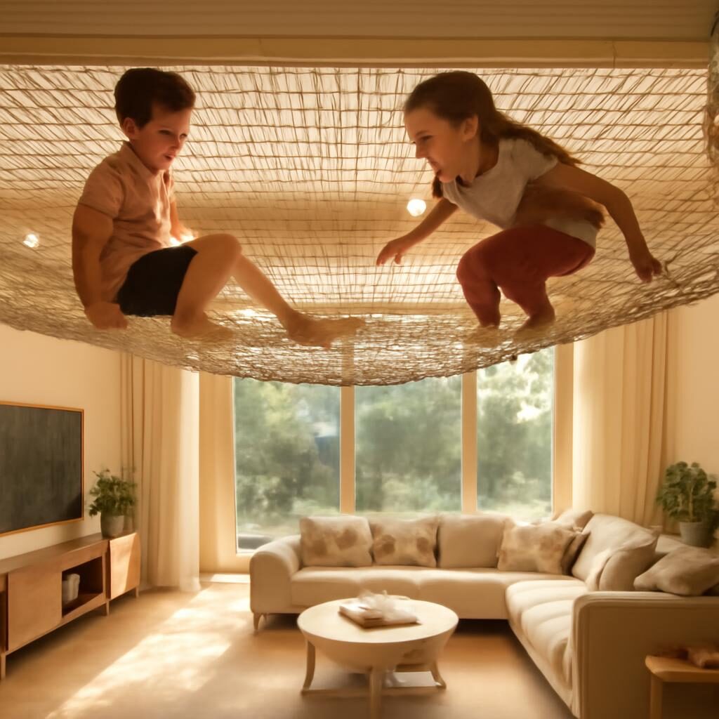 Enfants jouant sur un filet mezzanine relax en famille