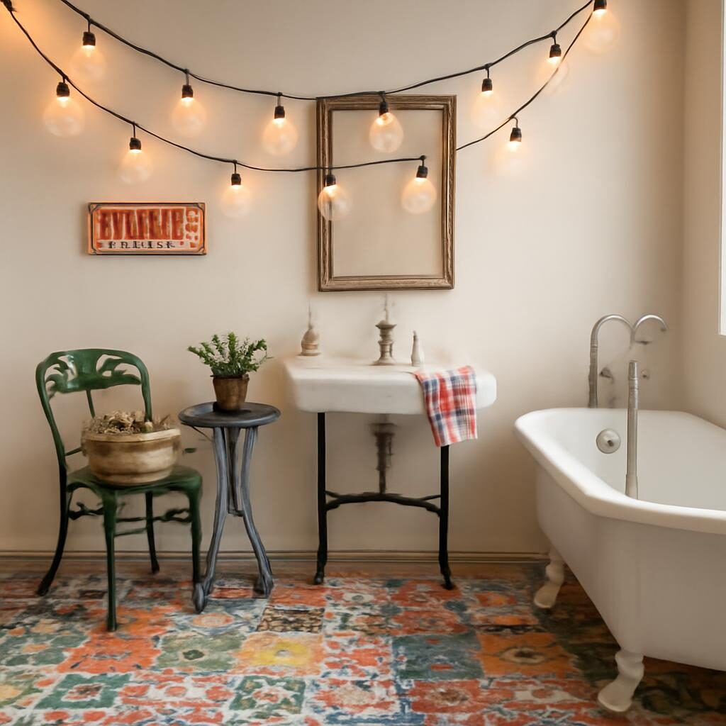 Salle de bain style guinguette avec carreaux de ciment colorés et guirlande ampoules Edison