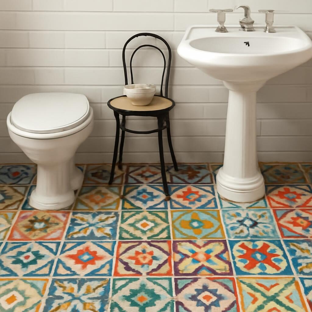 Gros plan sur carreaux de ciment multicolores dans une salle de bain vintage style guinguette