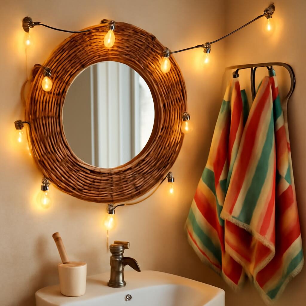 Coin salle de bain guinguette festif avec guirlande ampoules rondes autour d'un miroir rotin et serviettes rayées