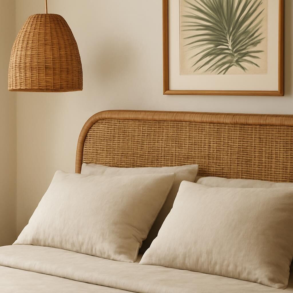 Tête de lit en rotin tressé et coussins lin naturel dans une chambre de style californien