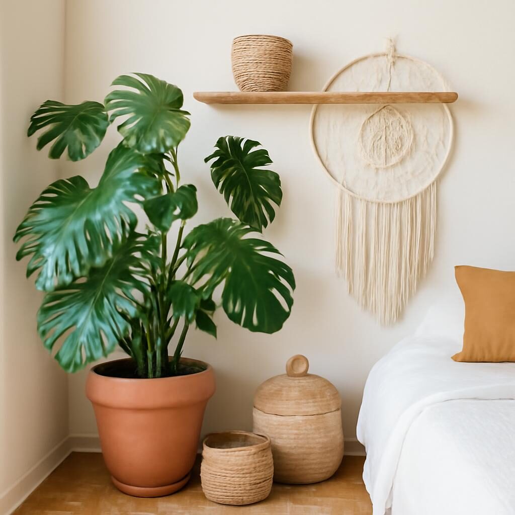 Coin chambre californien avec monstera en pot terracotta, étagère bois et attrape-rêves