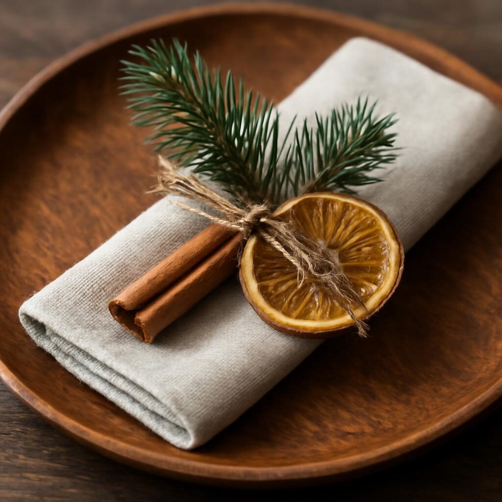 Détail serviette Noël avec sapin, cannelle et orange séchée