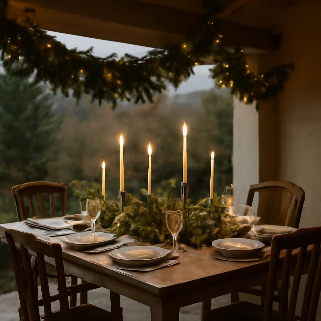 Table de Noël en extérieur sur terrasse couverte avec guirlande sapin